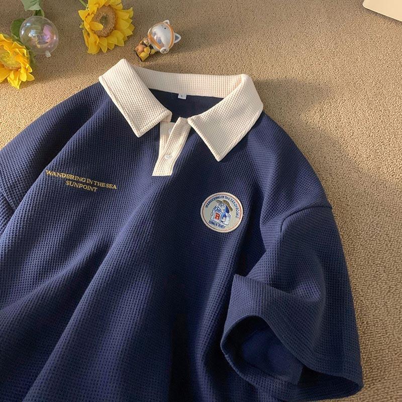 Men Waffle Knit Color Block Cartoon Embroidered Oversized Polo Shirt Casual Streetwear Summer Top
