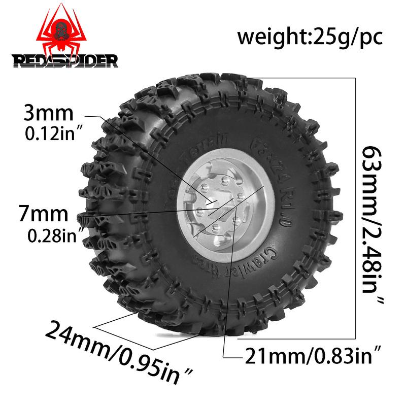 4pcs OD 63mm 1.0" Metal Beadlock Wheel Tire Set For 1/18 RC Crawler Car TRX4M SCX24 Upgrade Parts Accessories