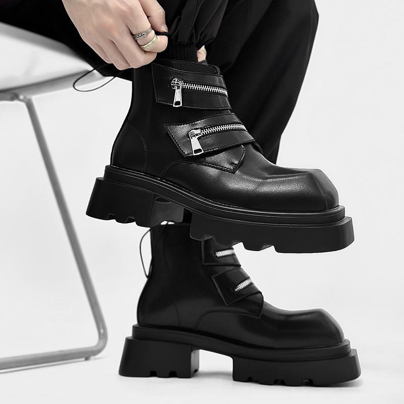 Fashion Derby Black Men's Boots Fashion Thick Bottom Height Increasing Style Outdoor Leisure Party Daily Trendy Youth Leather Shoes Hot