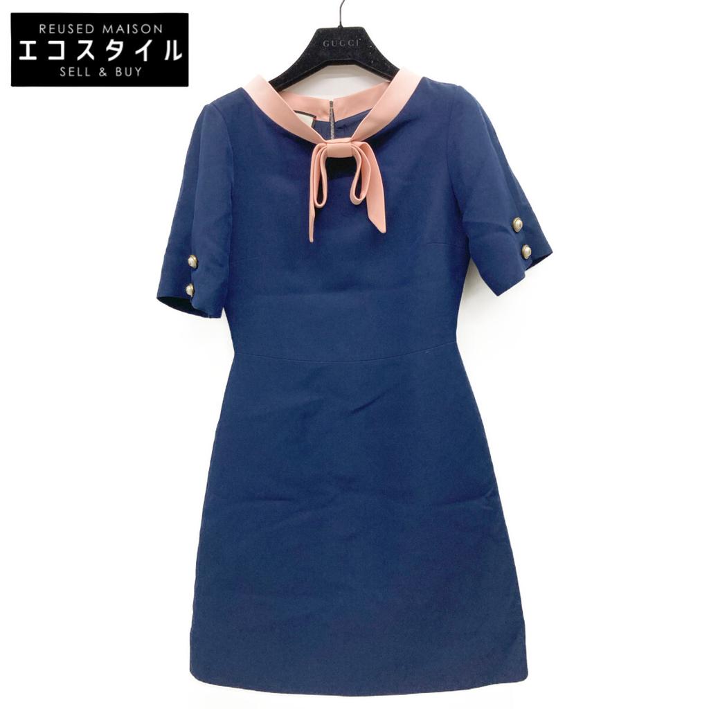 GUCCI 453979 Navy x Pink Ribbon Tie Dress dress 36 Navy pinkUsed