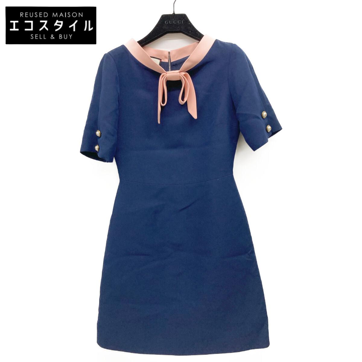 

GUCCI 453979 Navy x Pink Ribbon Tie Dress dress 36 Navy pinkUsed