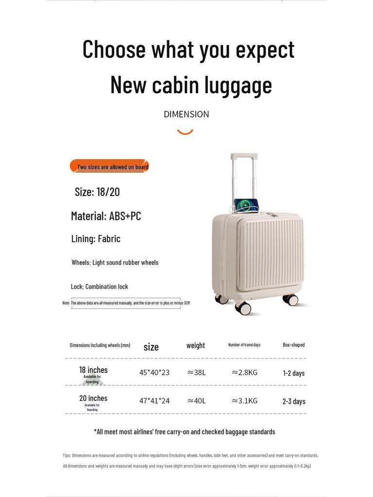 Side-Opening 18-Inch Large Cabin Trolley Case - Unisex Lightweight Carry-On with Password Protection