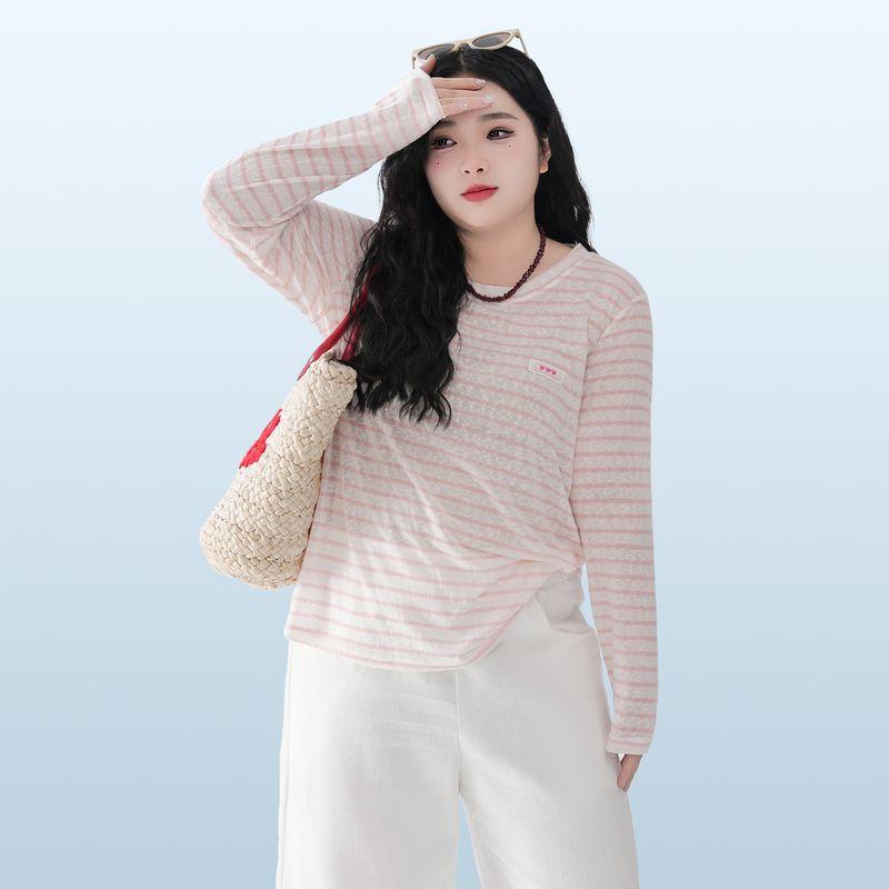 

Plus size women clothing [Summer Loose Feeling Cover up] Ice Feeling Snowflake Linen Bow Lace Patch Embroidery Stripe T-shirt White background vermicelli 4XL