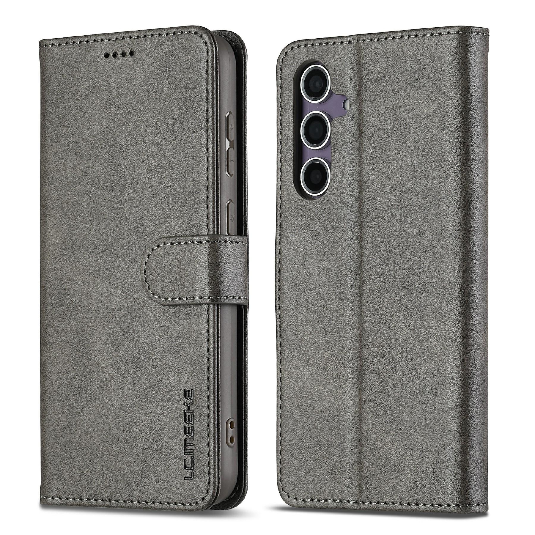 

LC.IMEEKE For Samsung Galaxy S25 FE Case Calf Texture PU Leather Stand Wallet Phone Cover - Black Grey