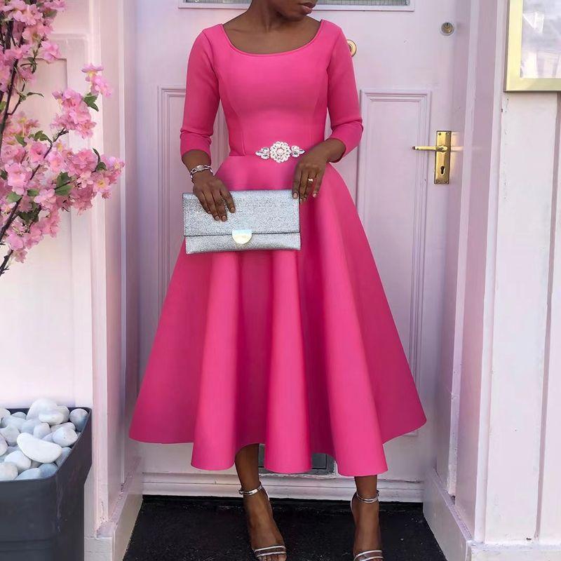 

Fashion New Arrival Pure Color Big Swing Dress Elegant Party Dress Temerament High Waist Dress Rose Red 2XL