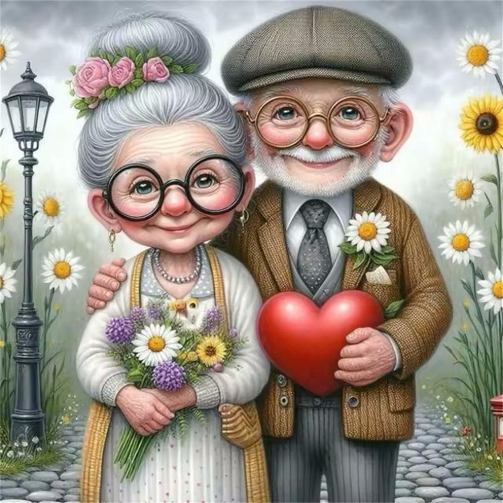 Cartoon Happy Old Couple 5D Full Round Diamond Painting Kits, Cute Grandma and Grandpa DIY Drills Mosaic Embroidery Cross-stitch