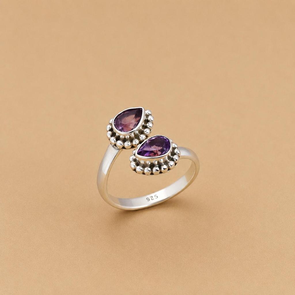 925 Sterling Silber Amethyst Ring, Doppel Birnen Edelstein Ring, Verstellbarer Offener Ring, Handgefertigter Lila Stein Schmuck für Damen