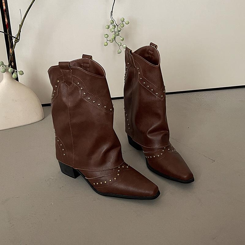 Fashion pointed leather boots thick heel temperament Martin boots retro European and American western cowboy boots rivet cigarette pipe boots pants