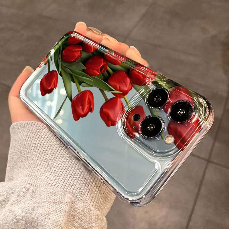 Red Tulip Clear Phone Case For Xiaomi Redmi Note 14 5G 12 13 Pro Plus 14 12S 12 11 10 12C 13C 14C 4G Cute Floral TPU Back Cover