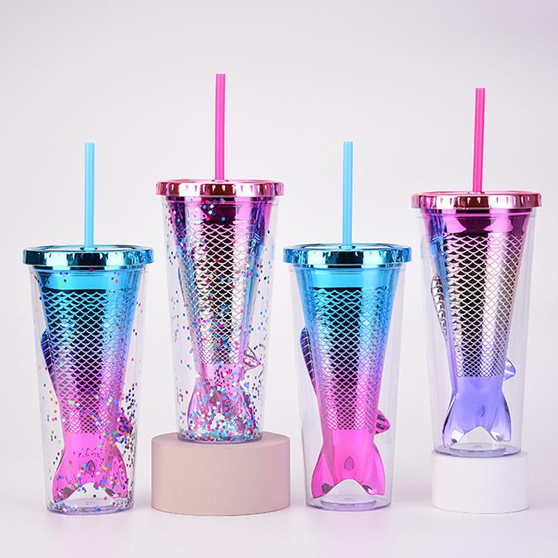 Electroplated Gradient Color 350ml 12oz Glitter Plastic Mermaid Tumbler Cup Merman Tumbler Cup Fishtail Fish Tail Tumbler Cup