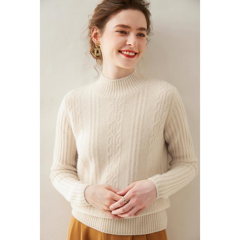 2024 Autumn/Winter Women's Retro Cable Knit Half-High Neck Cashmere Loose Pullover Sweater - Simple Solid Color Base Layer