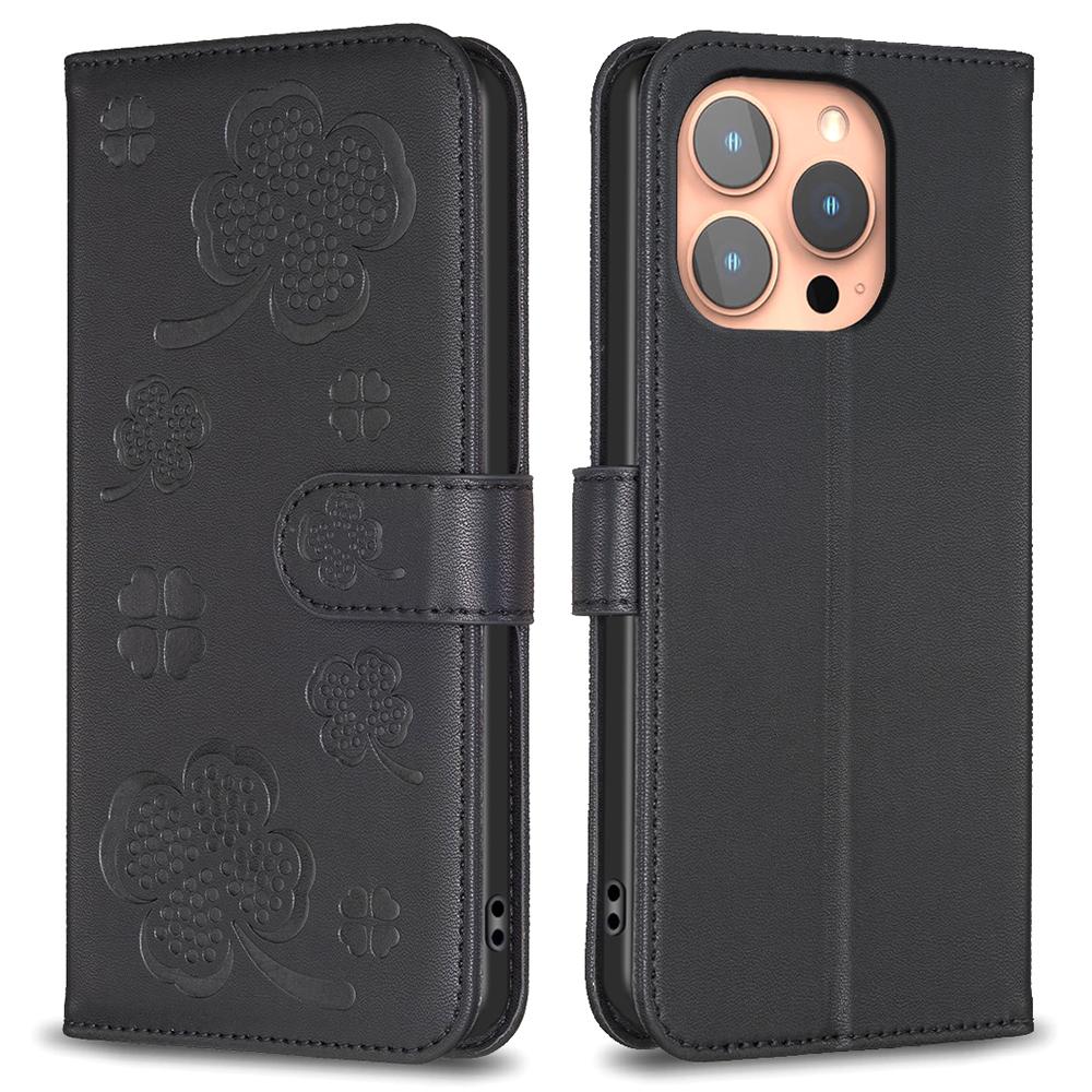 

For iPhone 16 Pro Case Lucky Clover Pattern Leather Phone Cover Black