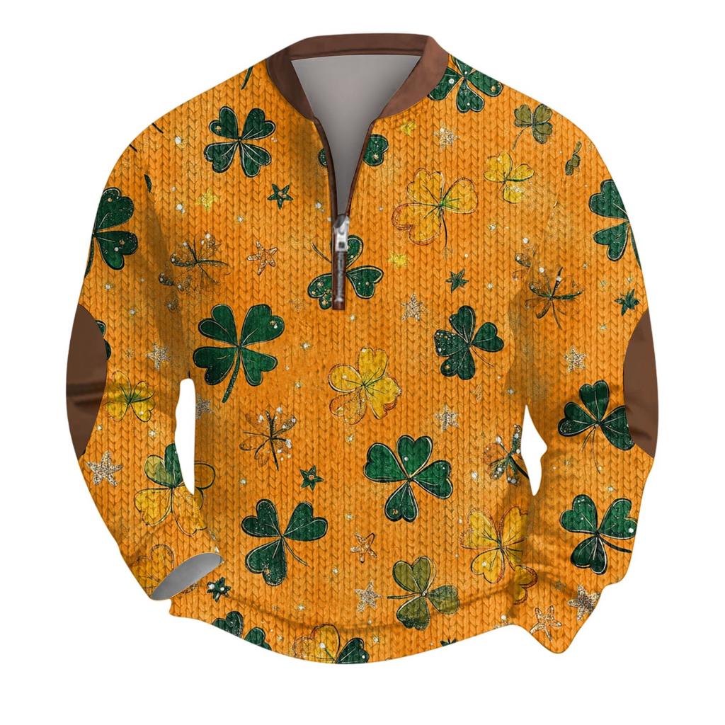 Mens Christmas Sweater Zip Up Sweatshirts Vintage Knit Graphic Sweatshirt St. Patrick's Day Stand Collar Pullover