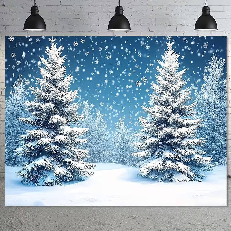 2D Blue Winter Forest Backdrop Snow Falling Pine Trees Party Background