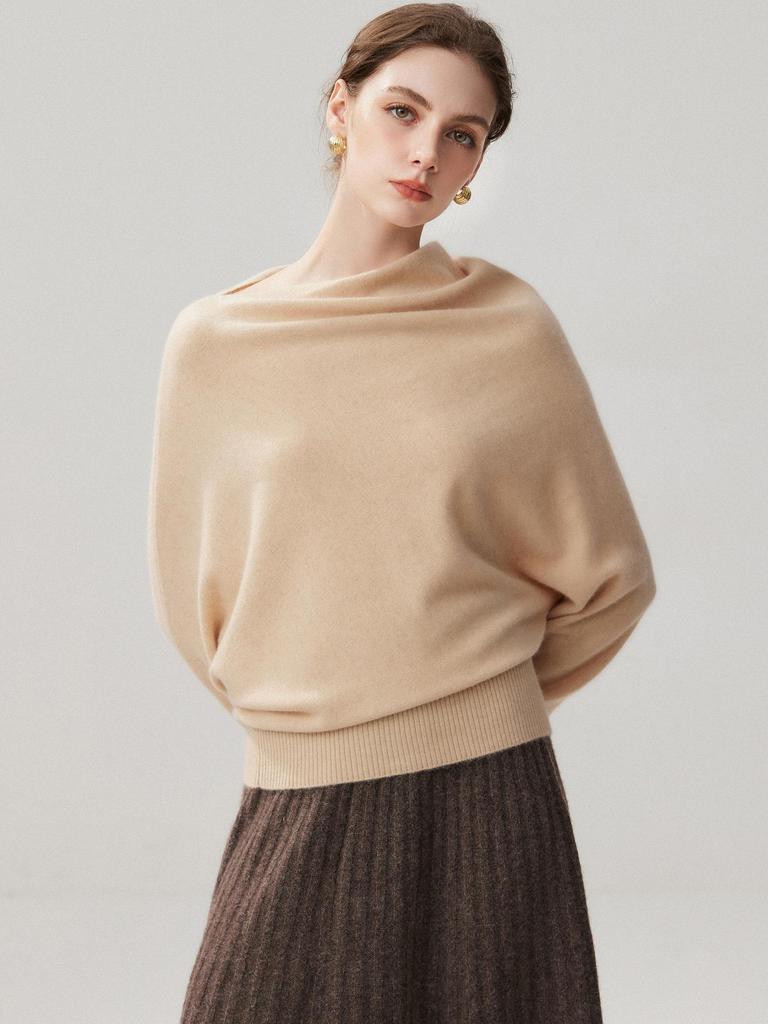 2026 Autumn Women's One-Shoulder Cashmere Sweater - Irregular Sweet Style, Solid Color, Warm & Stylish