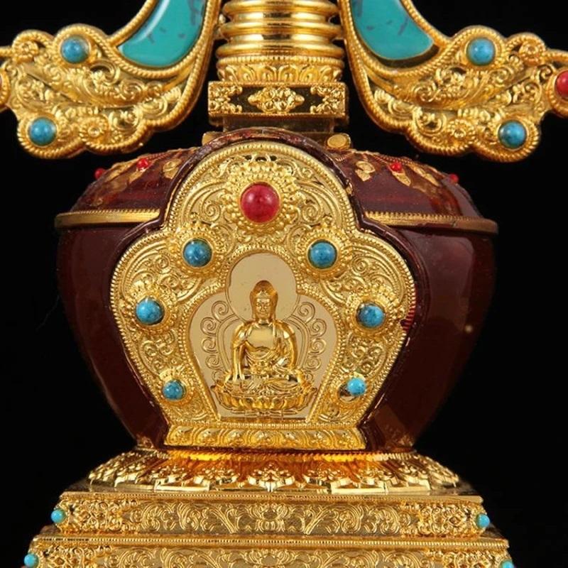 Tibetan Stupa Tantric Engraved Pearl Inlaid Gem Buddhist Statue Brown Alloy Handicraft Altars Indoor Home Desktop Decorative