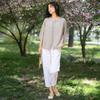 Johnature Women Knitted T-Shirts Solid Color O-Neck Spring Seven Sleeve Button Fold Casual T-Shirts