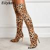 Fashion Eilyken New Thigh High Boots Pointed Toe Sexy Leopard Grain Thin Heels Stretch Fabric Over-the-Knee Womens Boots Shoes