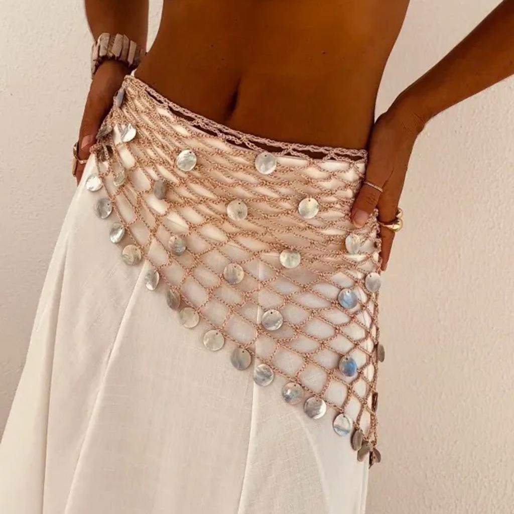hirigin Women Boho Crochet Sequin Shell Hip Scarf Irregular Mesh Handmade Knit Beach Wrap Skirt Summer Vacation Festival Wear