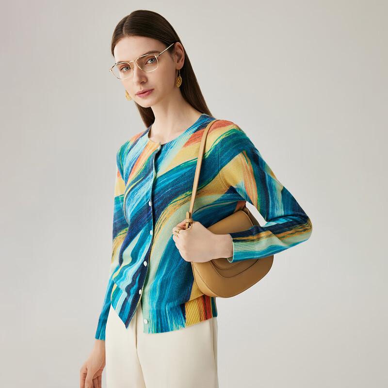 Zhaojun Women's 100% Cashmere Printed Round Neck Cardigan