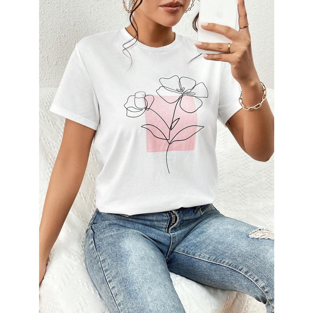 Dámské tričko Essnce Casual Fit Květinový potisk s kulatým výstřihem Krátký rukáv, Vhodné na léto