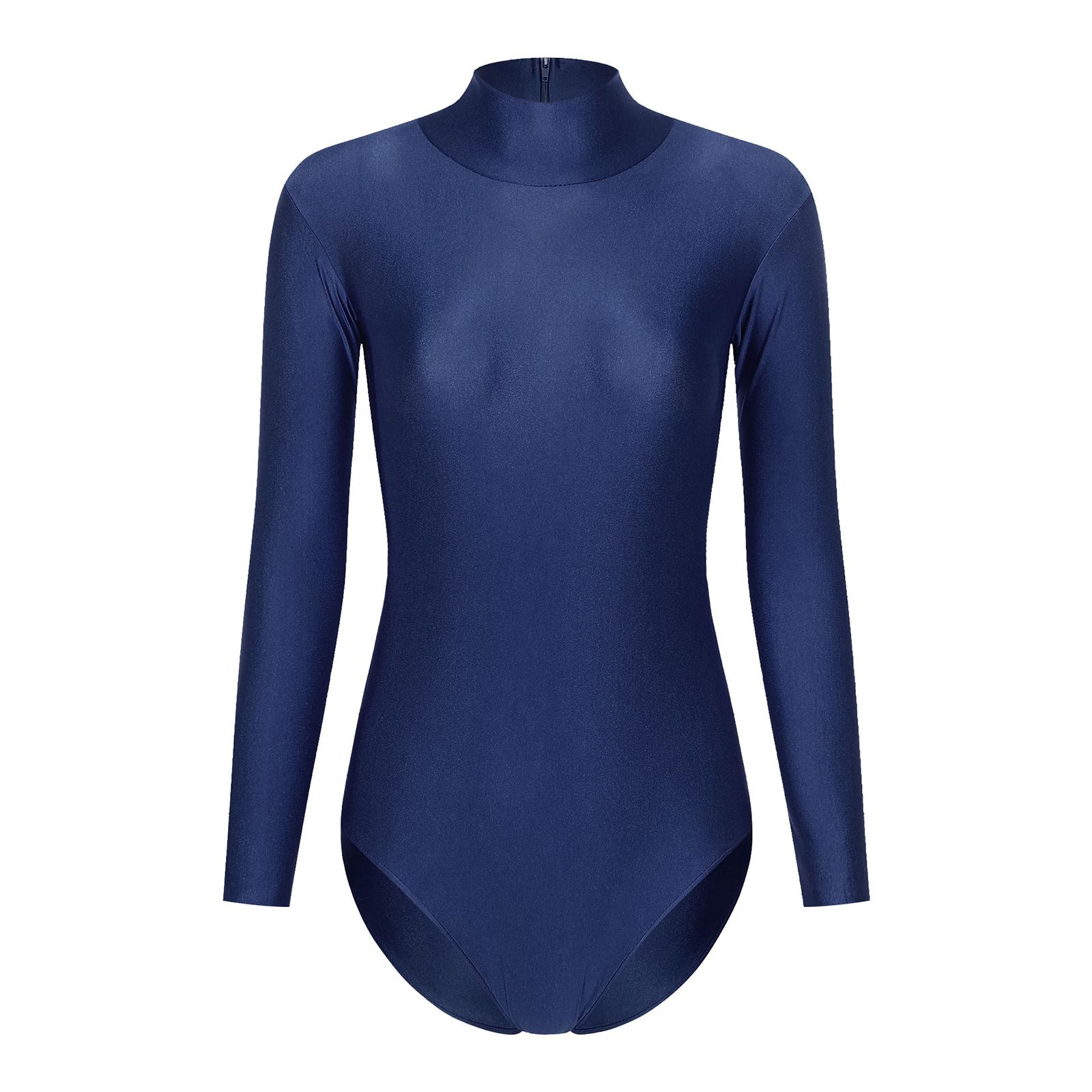 

Жіночий боді з коміром-стійкою, боді з довгим рукавом, однотонний, із застібкою-блискавкою ззаду, еластичний одяг для гімнастики та танців темно-синього кольору