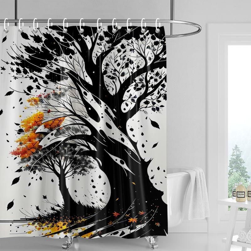 Multicolor Mountain Shower Curtain-Blue Beige Peak, Cloudy Gray Sky, Pine Silhouette, Waterproof Natural Bathroom Decoration