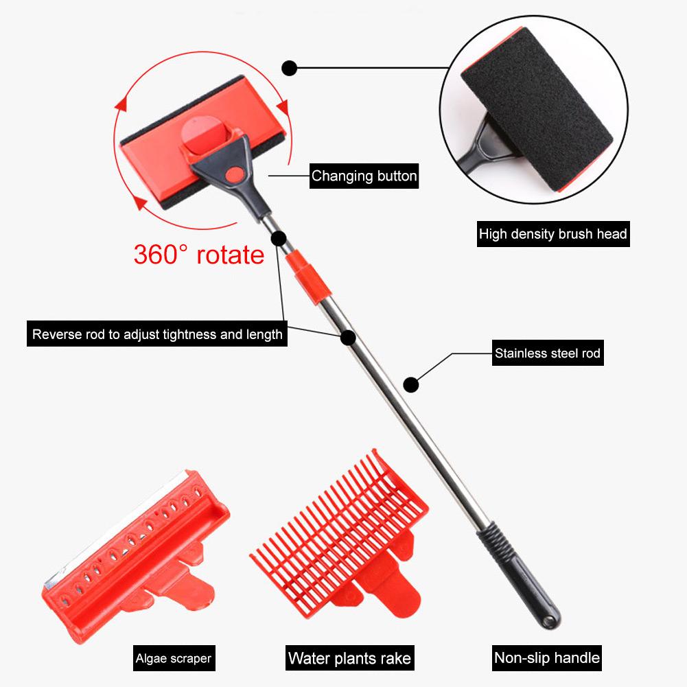SX-12 3 in 1 Multi Function Fish   Cleaning Tool Telescopic Brush Algae Scraper Water Plants Rake Aquarium Cleaner