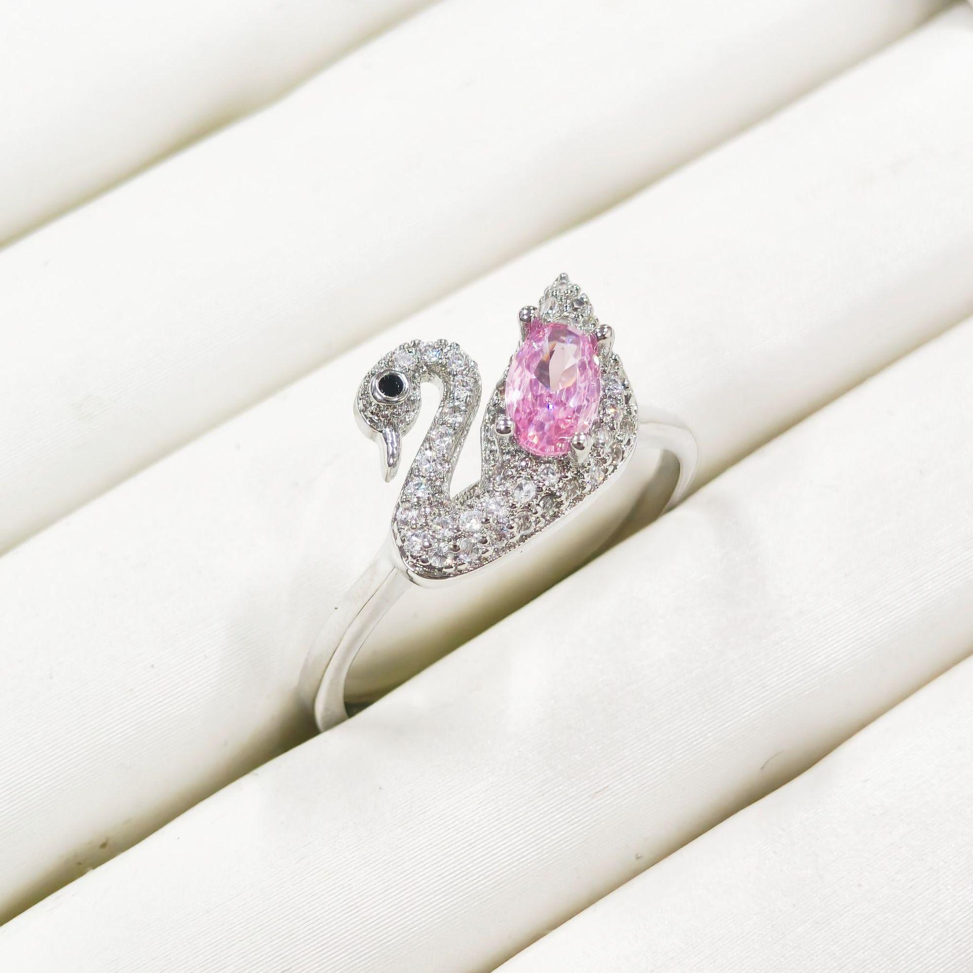 Gesi En Pink Cubic Zirconia White Swan Jewelry Set - Ring, Earrings & Pendant