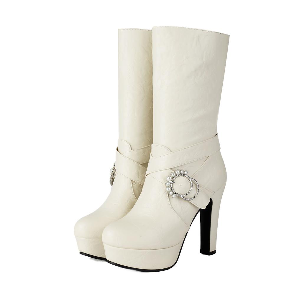 Autumn and Winter New Leather Boots Medium Boots Belt Buckle Water Table Knight Boots Thick High Heels Boots - Large Size