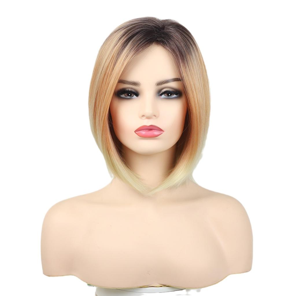 Dark Root Ombre Brown Blonde Short Hair Daily Cosplay Straight Synthetic Wig for Black White Women Heat Resistant Fibre