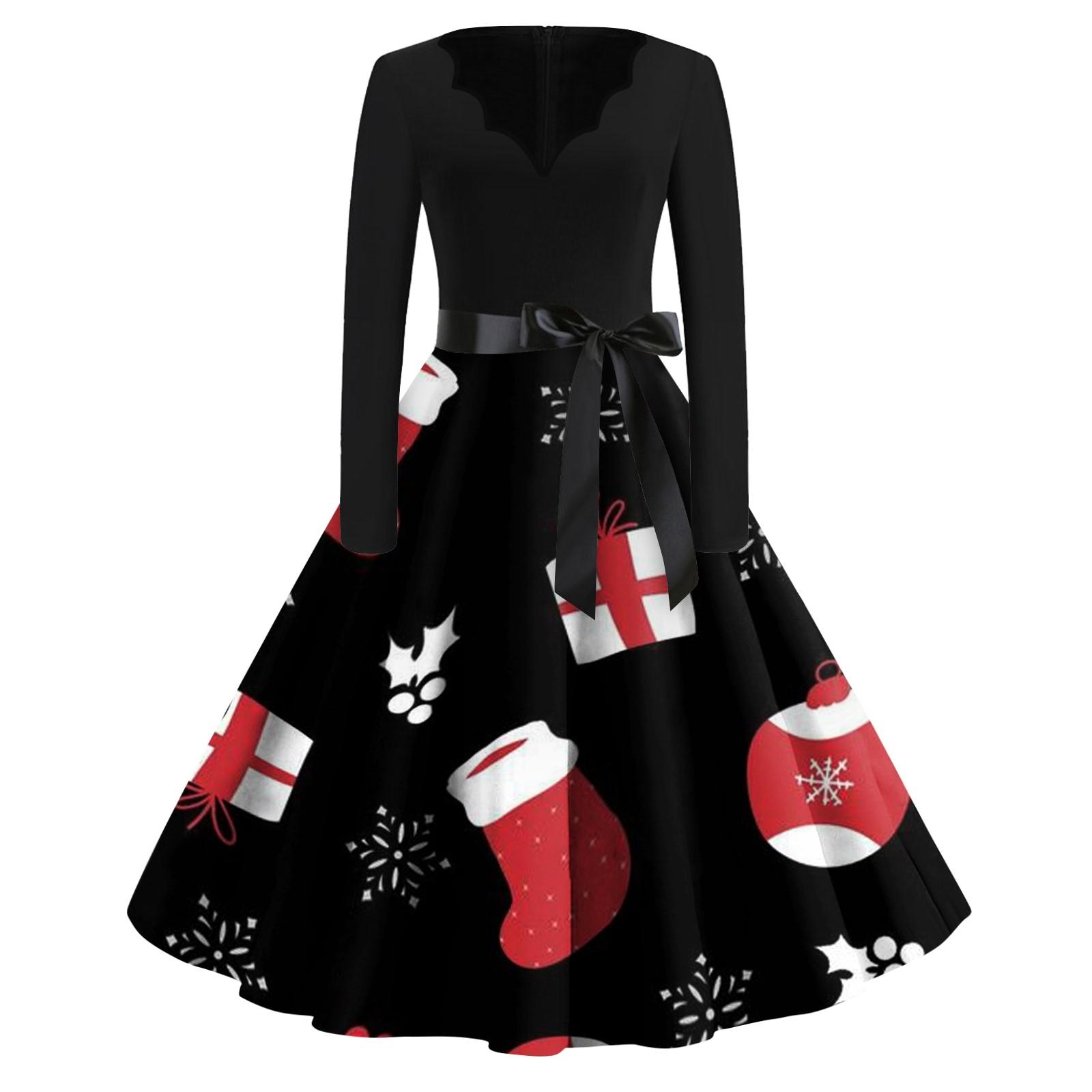 

Жіночі модні повсякденні тонкі різдвяні сукні з довгими рукавами з принтом і V-подібним вирізом S гарячі рожевого кольору