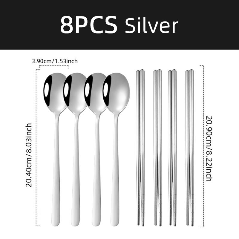 4 Set Chopsticks Spoon Cutlery Set Reusable Stainless Steel Non-slip Sushi Sticks Food soup Spoon Dinnerware Set
