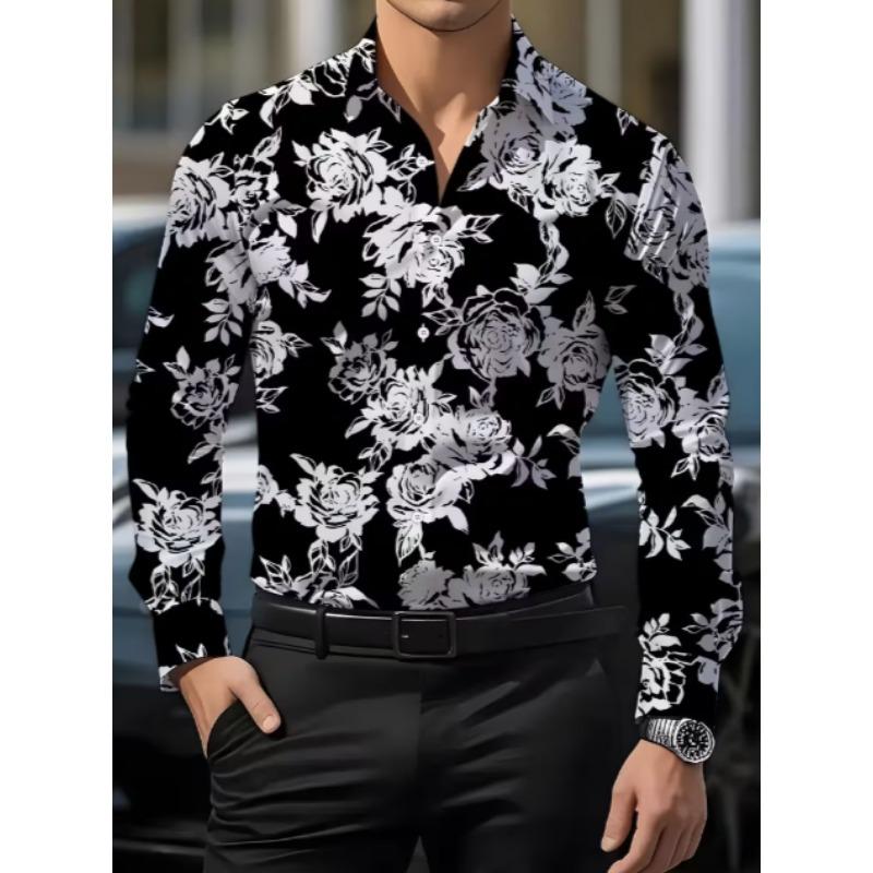 Herren langärmliges Hemd mit Knopfleiste und Kragen, floraler Aufdruck, formell, romantisch, große Blume blühende Blume Ganzkörperdruck, Herren Tropi