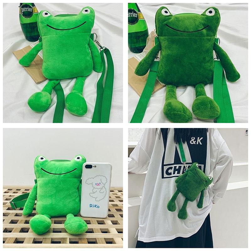 Cute Green Frog Plush Shoulder Bag For Women Cartoon Character Crossbody Purse With Zipper Closure