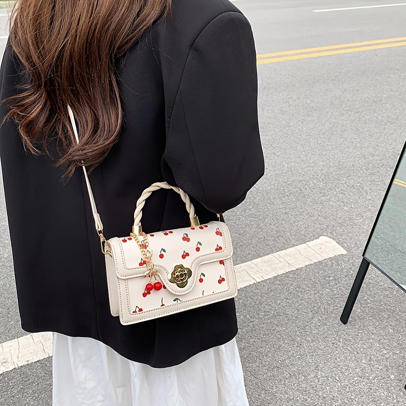 Cherry Print Handbag for Women, Sweet Mini Crossbody Bag, Stylish Flower Lock Shoulder Bag Square Purse
