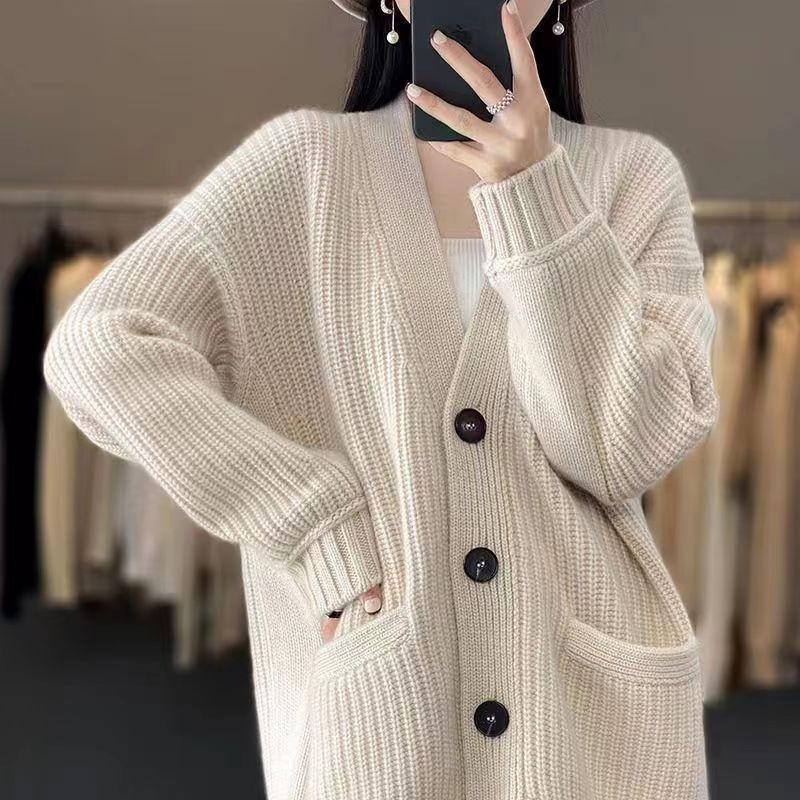 Autumn and Winter New Temperament Commuting Simple and Versatile Knitted Cardigan Women Loose Lazy Wind Outside Sweater Jacket