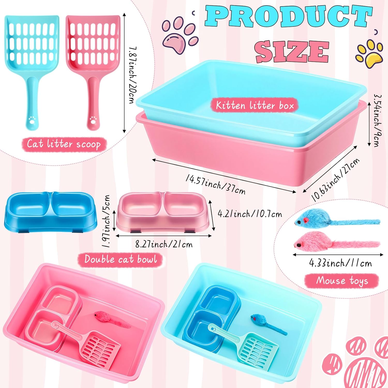

2 Set Small Cat Litter Box with Scoopers, Bowls, Toys - Blue & Pink, 14.5 x 10.6 Inch United States