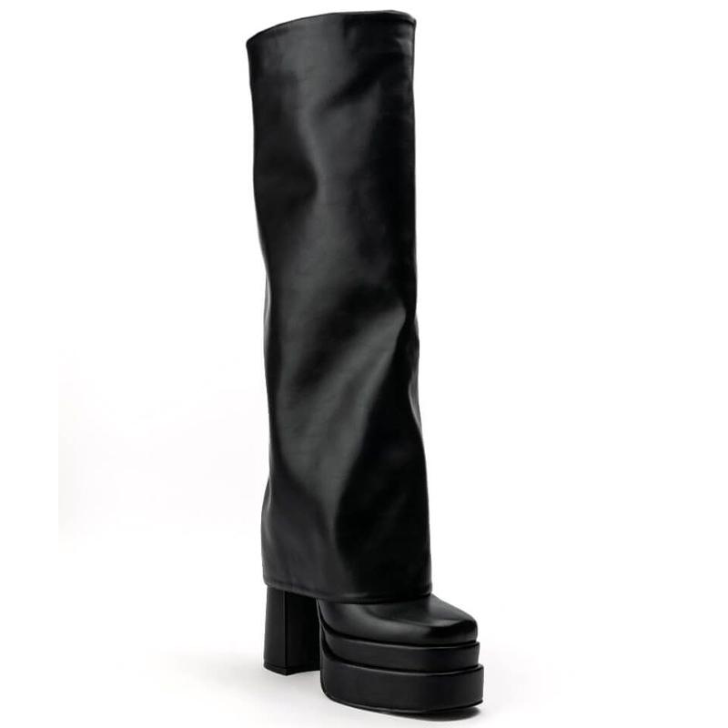 Fashion IPPEUM Orange Boots Platform Knee High Block Heel Shoes Y2k Plataforma Botas Bratz Mujer Hot Pink Fold Over Boots Women
