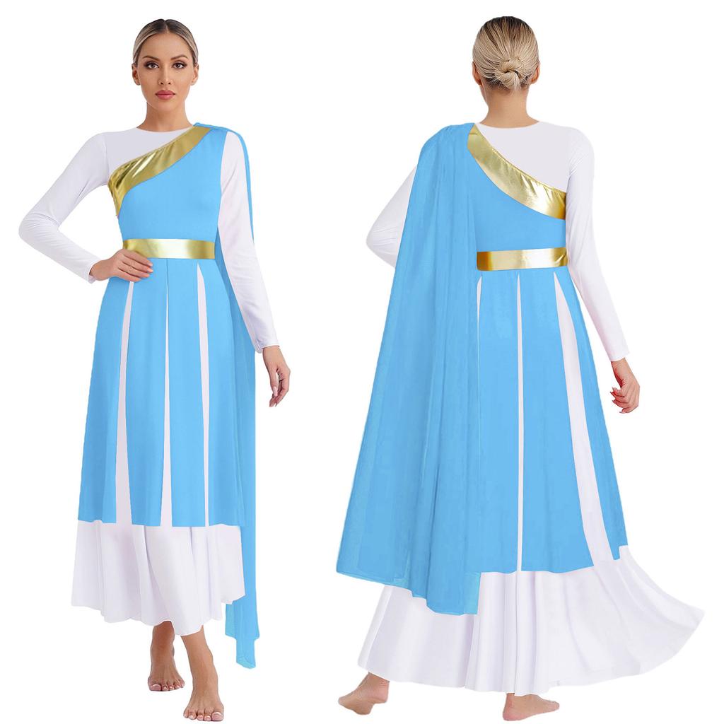 S-XXL Lyrical Worship Dance Dress One Shoulder Sleeveless Metallic Shiny Patchwork Slit Hem Tunic with Drape for Stage