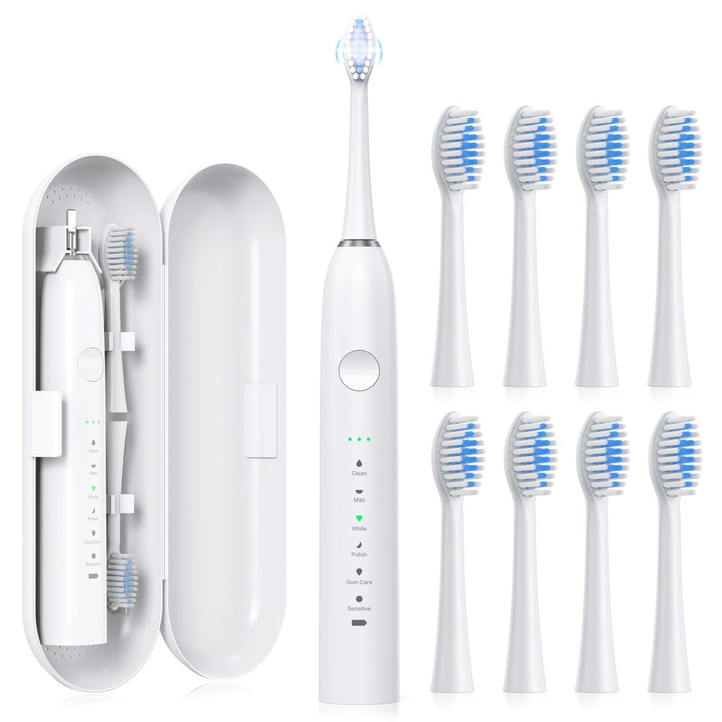 Electric Toothbrush, Sonic Vibration, Includes 8 Replacement Brush Heads, IPX7 Waterproof, 6 Modes, Storage Case, Portable, Travel-Friendly (LRT1)