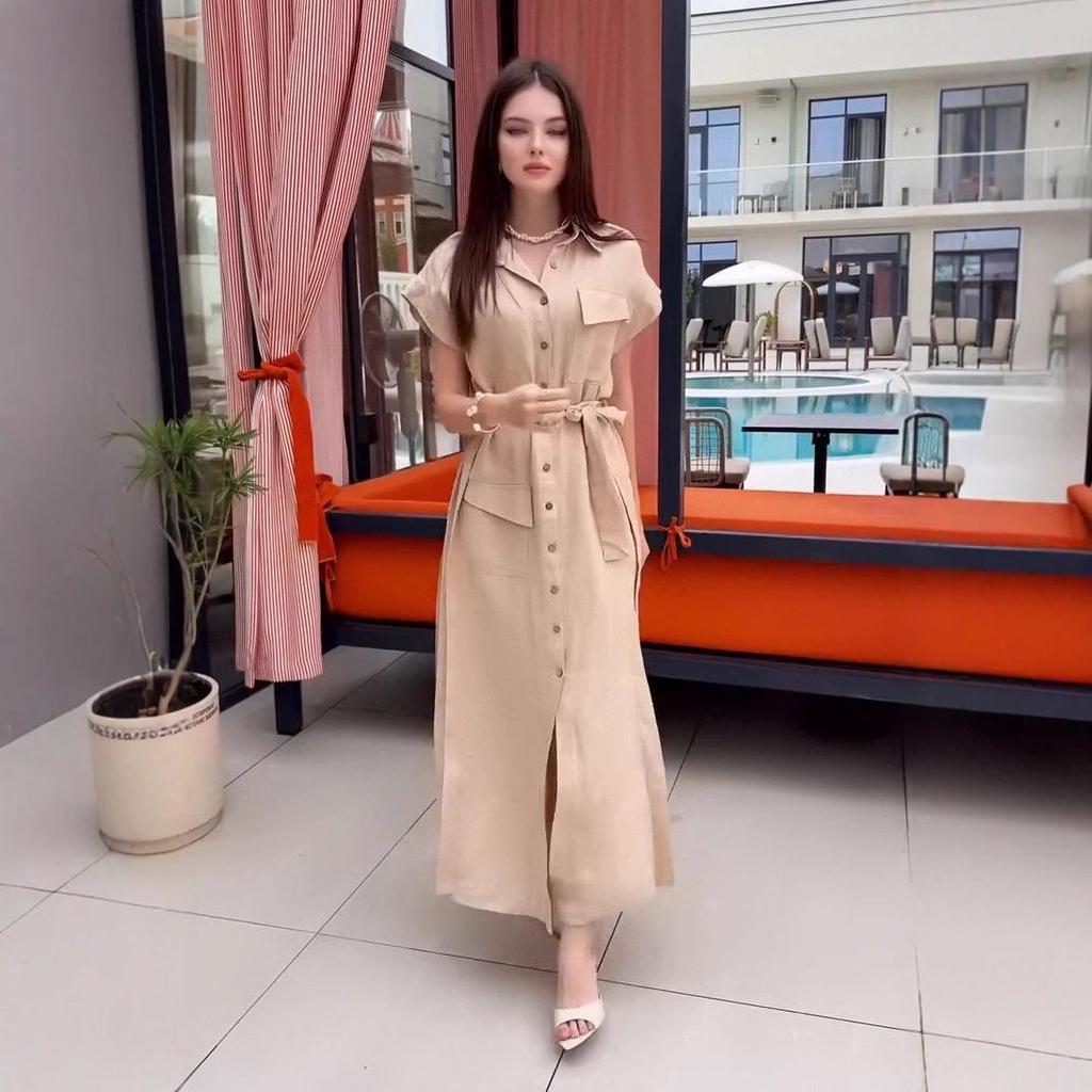 2025 Summer Women's Slimming Tie Waist Dress with Multi-button Design