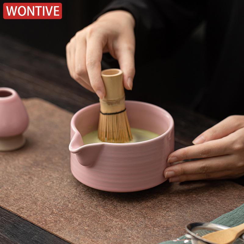 Pink Japanese Matcha Tea Set 4-8 Piece Matcha Powder Kit Matcha Bowl Set Whisk AccessoriesHolder for Tea Lovers Tea-Making Tools