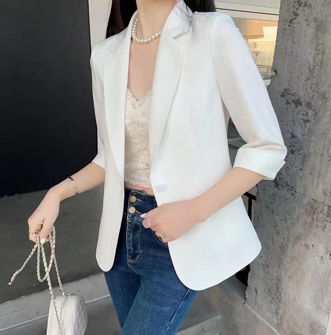 

Женский летний блейзер из ледяного шелка - Приталенный, С рукавом семь восьмых, Защита от солнца, Омолаживающий, Универсальный L белый