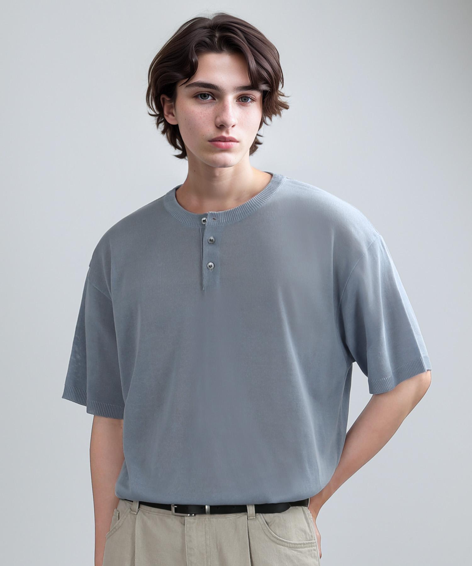 Berry Vein Henley Neck Half Mesh-Knit (Ash Blue) L