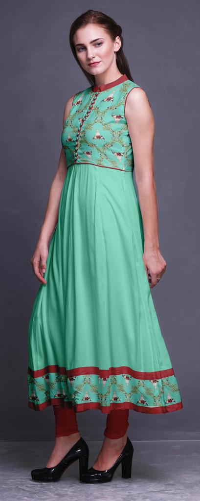 Bimba Aquamarine Green Damask Printed Women Designer Mandarin Collar Anarkali Dress Indian Ethnic Kurta