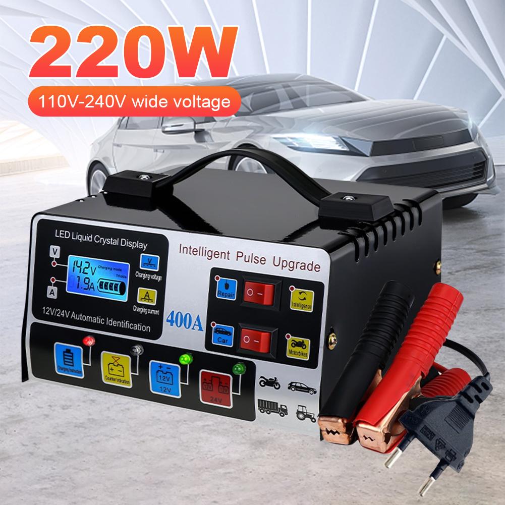 400A Heavy Duty Smart Battery Charger 12V/24V Battery High Power Fast Charger LCD Display Intelligent Pulse Repair Charger 220W