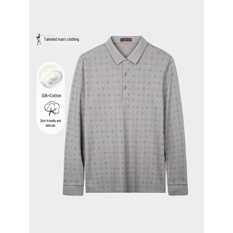 Men s Long-Sleeve Full-Print Cotton-Feel Silk Polo T-shirt 56