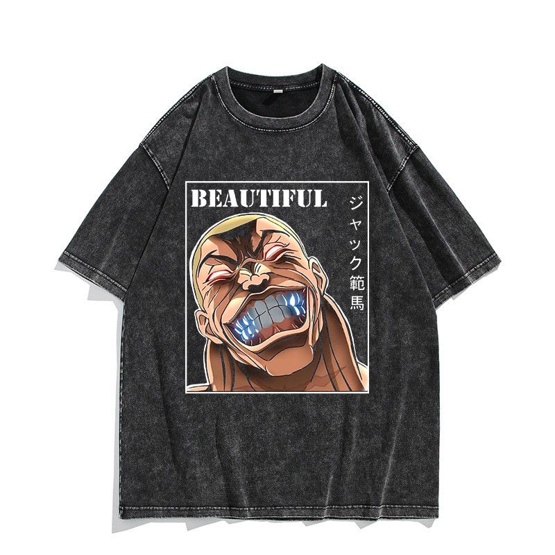 Vintage Washed T Shirt Anime Baki The Grappler Tshirt Hanma Yujiro Gym Short Sleeve Tshirts Oversized Cotton Casual Tee Shirt