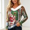 Women's Christmas Print Long Sleeve V-Neck Top with Plush Collar and Patchwork Design